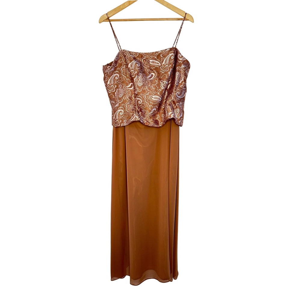 Vintage 90s Cachet Brown Paisley Brocade Dress Formal Evening Event Womans 14‎